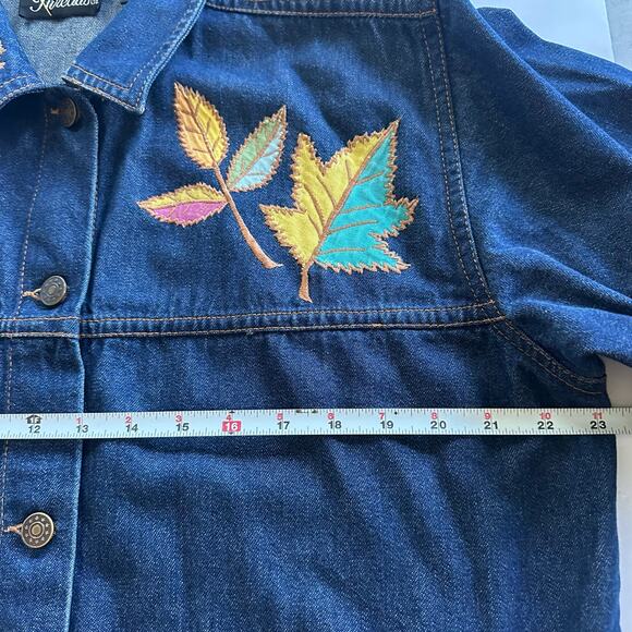 90s Y2K Denim Jacket Silver Threads Embroidered Leaf Jean Coat Women’s L Fall - Picture 9 of 15